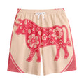 Chinese Flower Ox Zodiac Print Cotton Shorts