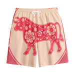 Chinese Flower Ox Zodiac Print Cotton Shorts