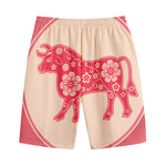 Chinese Flower Ox Zodiac Print Cotton Shorts