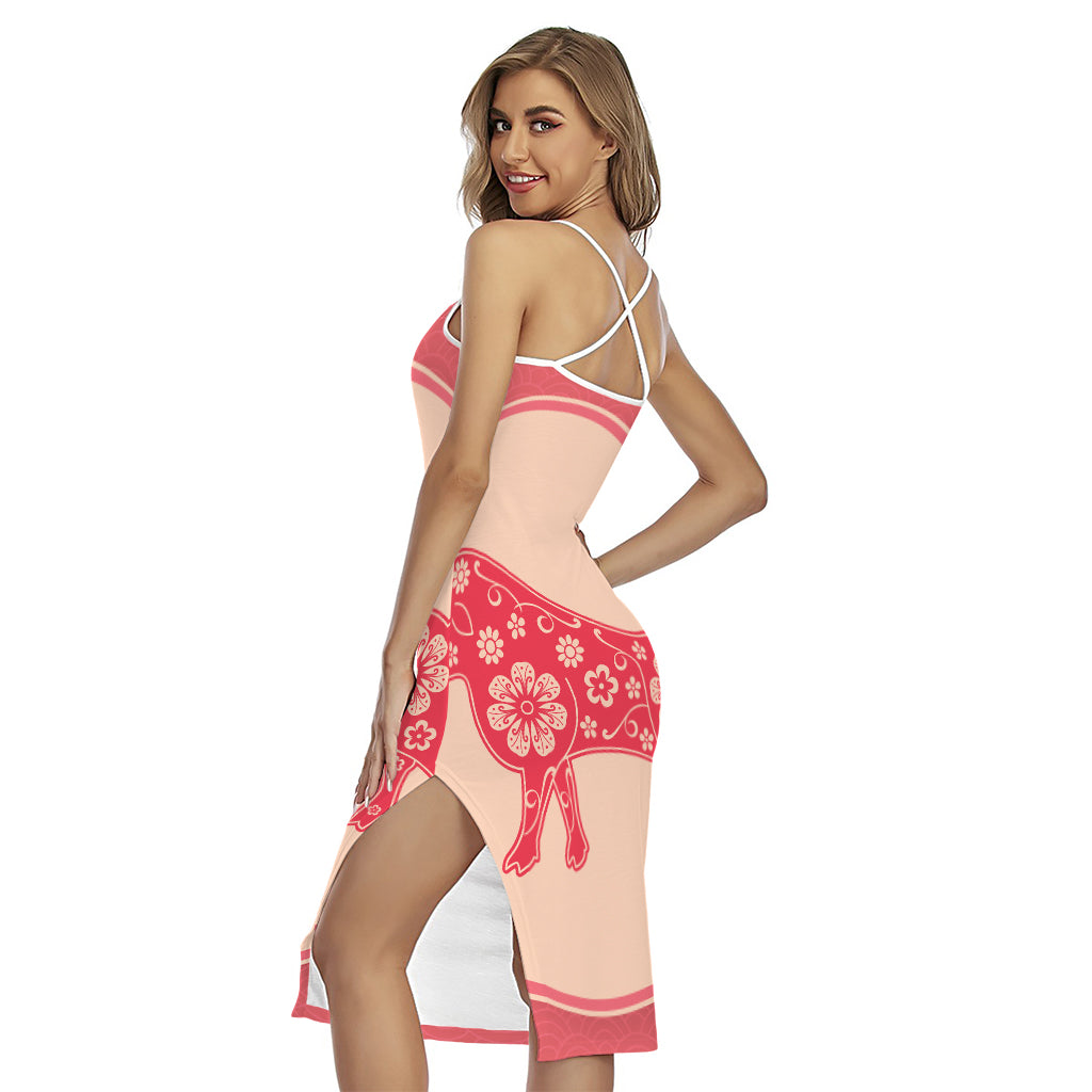 Chinese Flower Ox Zodiac Print Cross Back Cami Dress