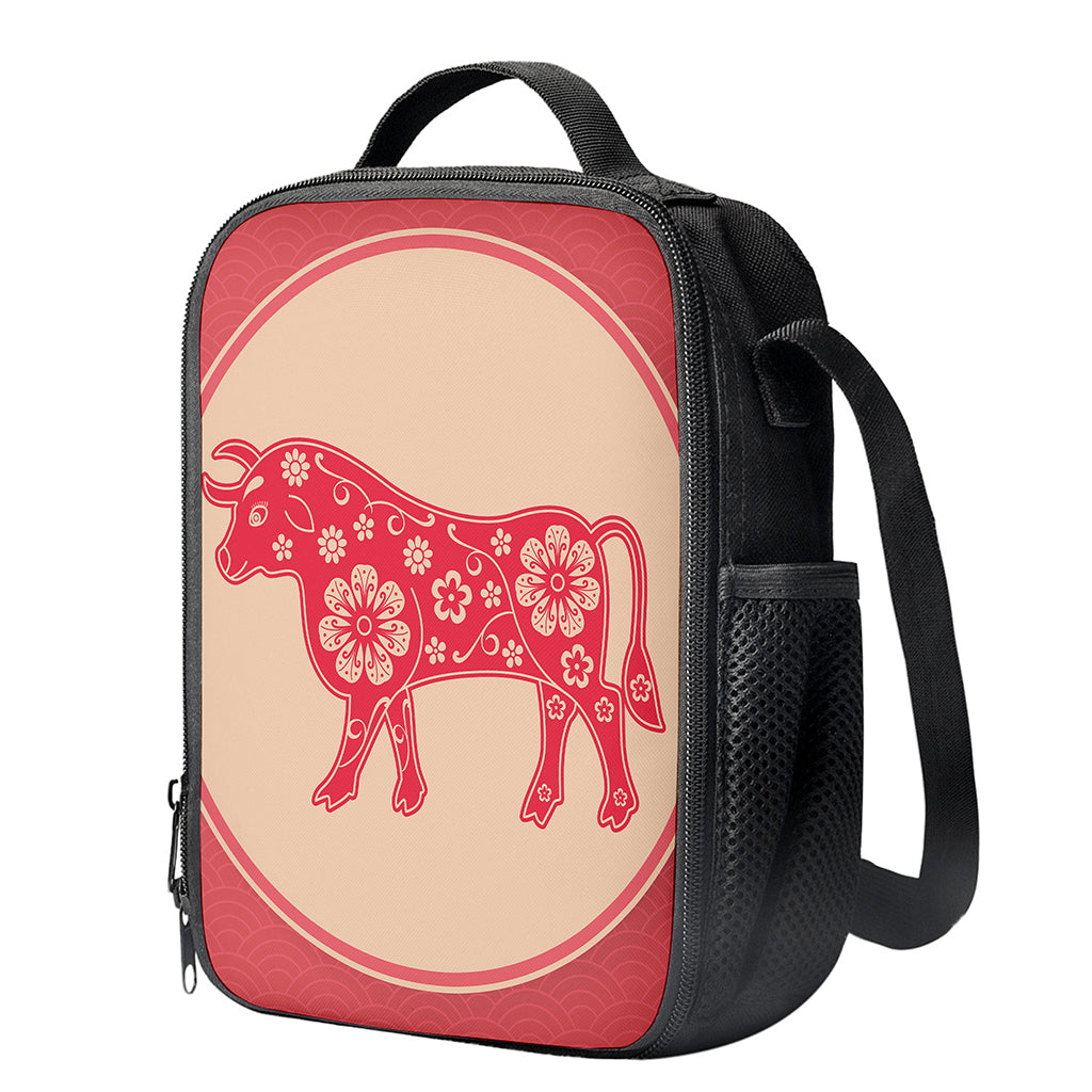 Chinese Flower Ox Zodiac Print Crossbody Lunch Bag