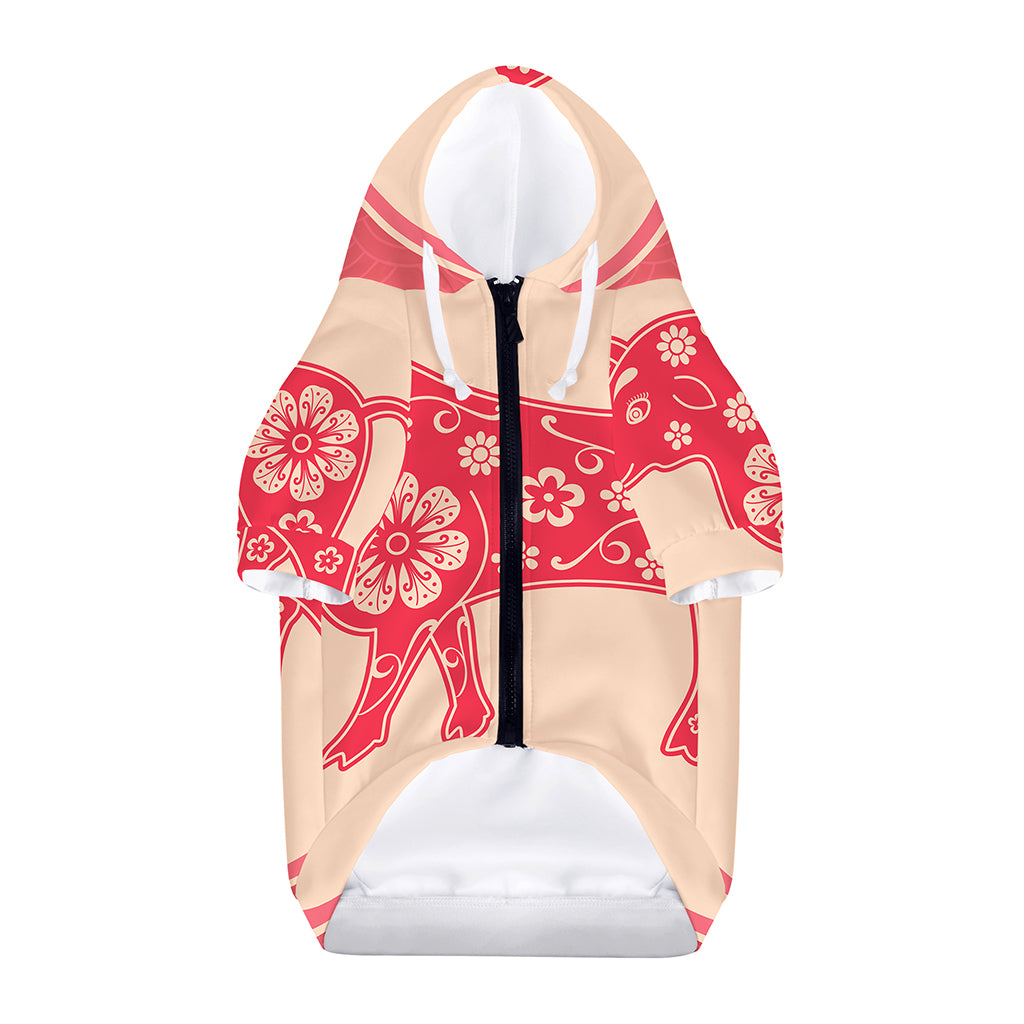 Chinese Flower Ox Zodiac Print Dog Zip Up Hoodie