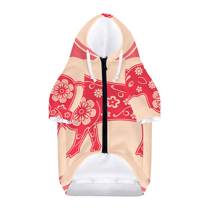 Chinese Flower Ox Zodiac Print Dog Zip Up Hoodie