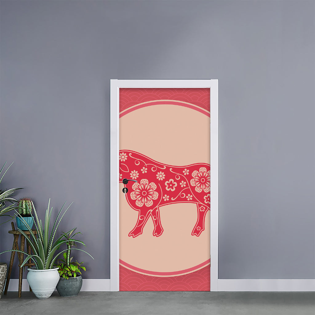 Chinese Flower Ox Zodiac Print Door Sticker