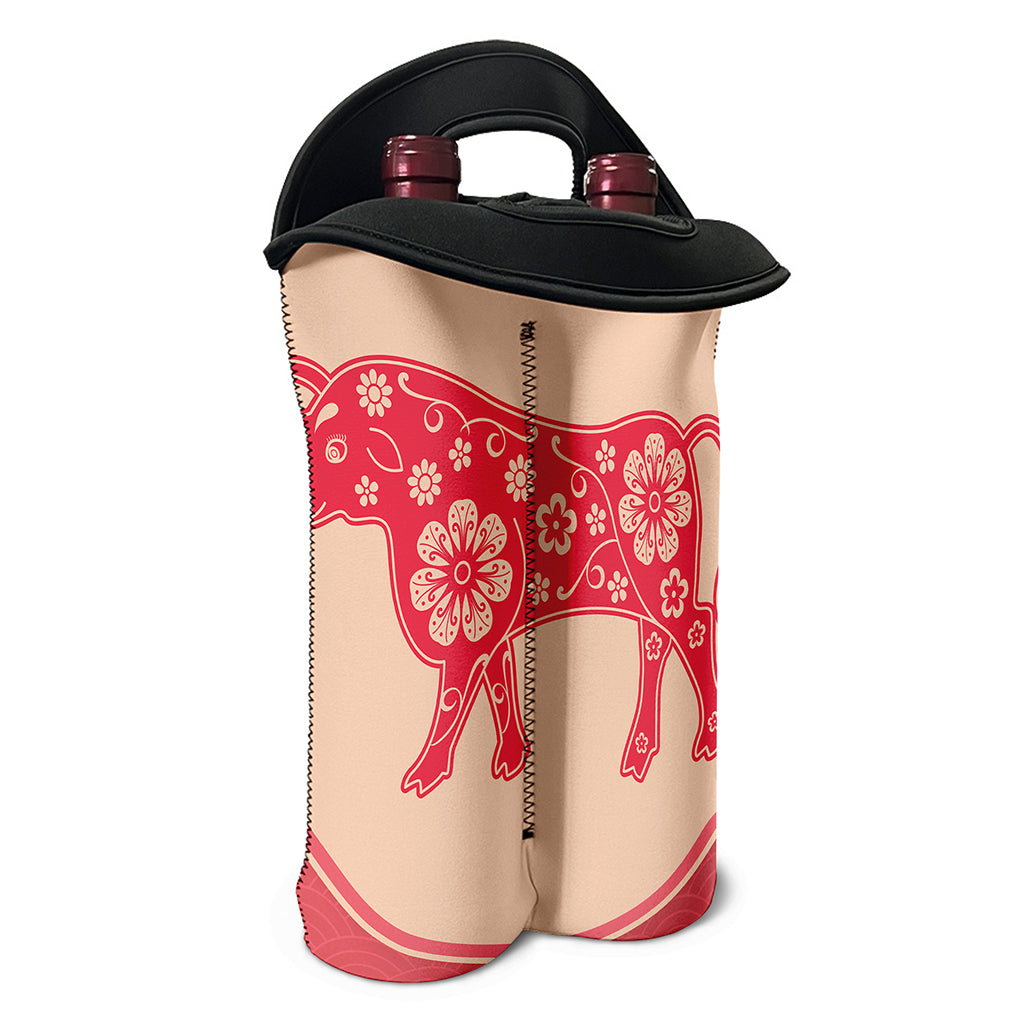 Chinese Flower Ox Zodiac Print Double Neoprene Wine Tote