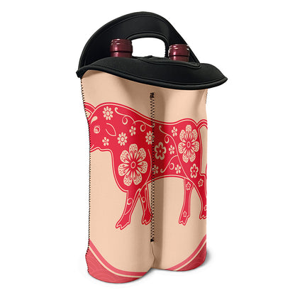 Chinese Flower Ox Zodiac Print Double Neoprene Wine Tote