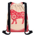 Chinese Flower Ox Zodiac Print Drawstring Backpack