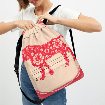Chinese Flower Ox Zodiac Print Drawstring Backpack