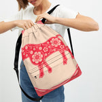Chinese Flower Ox Zodiac Print Drawstring Backpack
