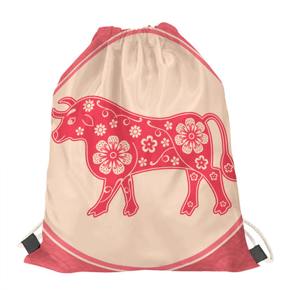 Chinese Flower Ox Zodiac Print Drawstring Bag