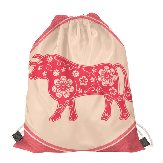 Chinese Flower Ox Zodiac Print Drawstring Bag