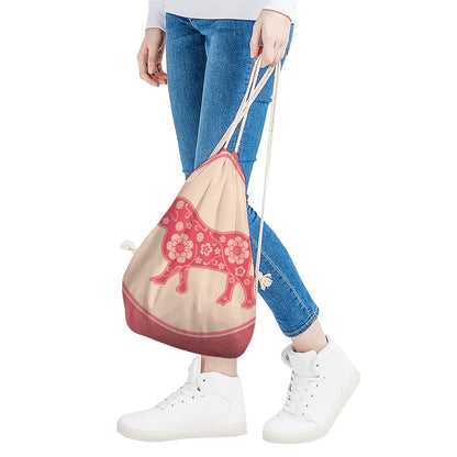 Chinese Flower Ox Zodiac Print Drawstring Bag