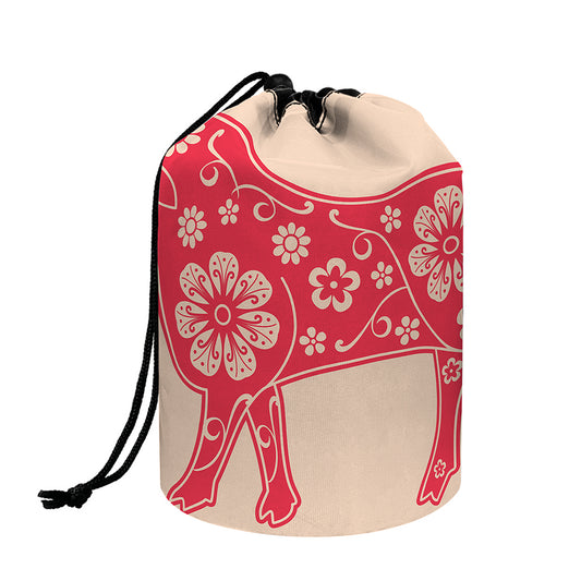 Chinese Flower Ox Zodiac Print Drawstring Makeup Bag