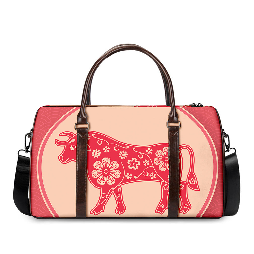 Chinese Flower Ox Zodiac Print Duffle Bag