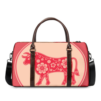 Chinese Flower Ox Zodiac Print Duffle Bag