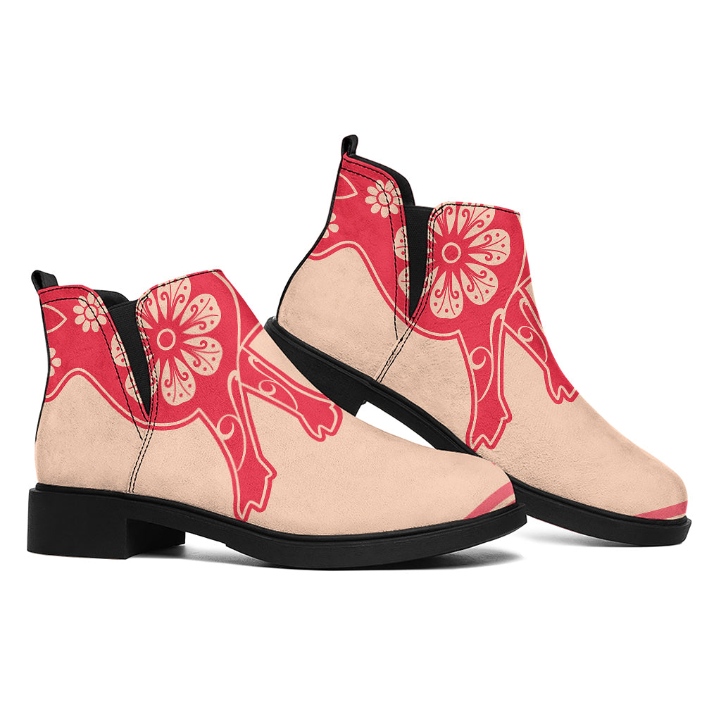 Chinese Flower Ox Zodiac Print Flat Ankle Boots