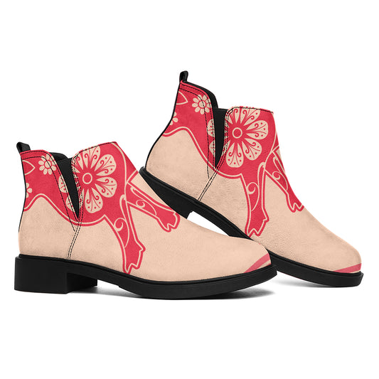 Chinese Flower Ox Zodiac Print Flat Ankle Boots
