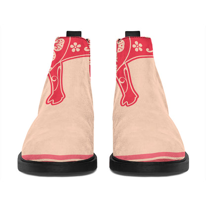 Chinese Flower Ox Zodiac Print Flat Ankle Boots
