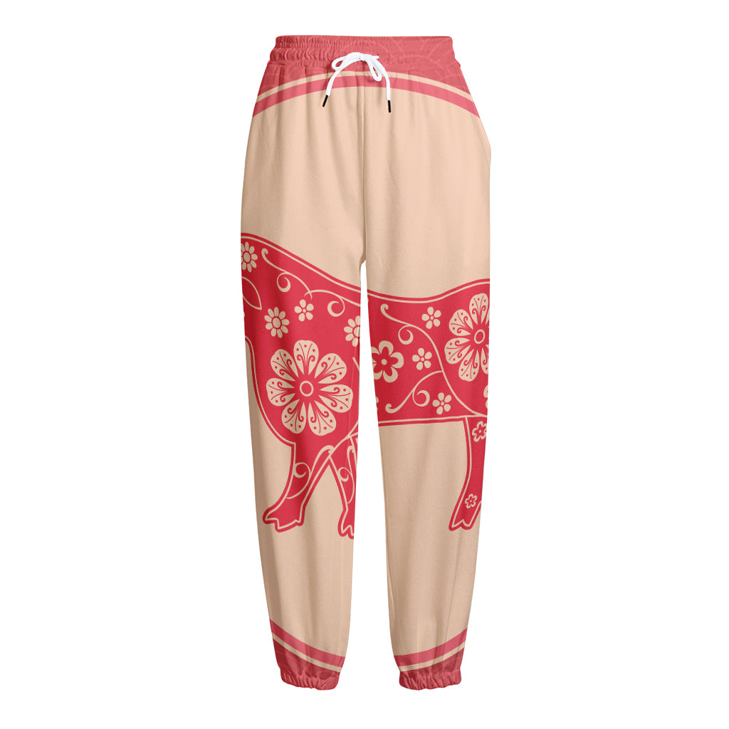 Chinese Flower Ox Zodiac Print Fleece Lined Knit Pants