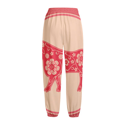 Chinese Flower Ox Zodiac Print Fleece Lined Knit Pants