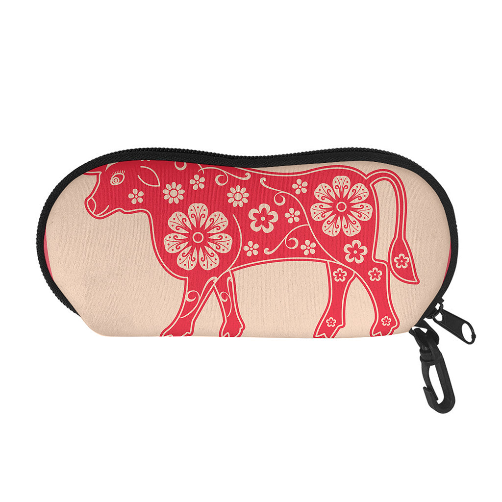 Chinese Flower Ox Zodiac Print Glasses Case