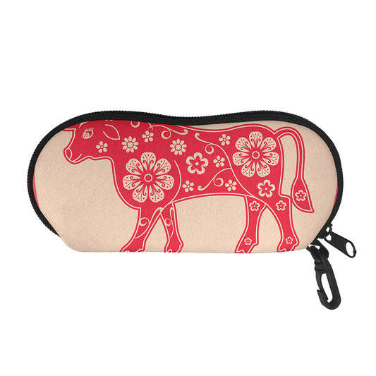 Chinese Flower Ox Zodiac Print Glasses Case