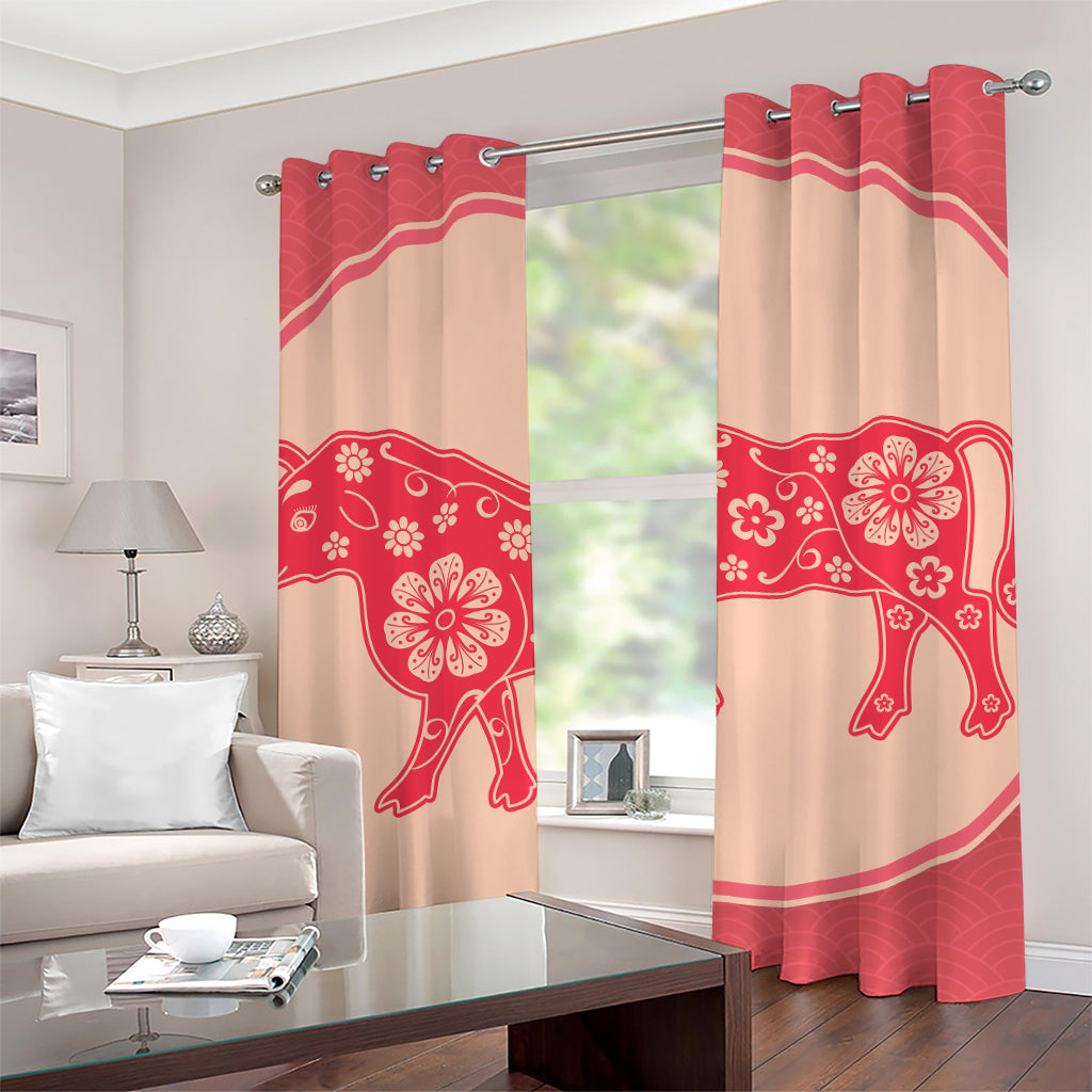 Chinese Flower Ox Zodiac Print Grommet Curtains