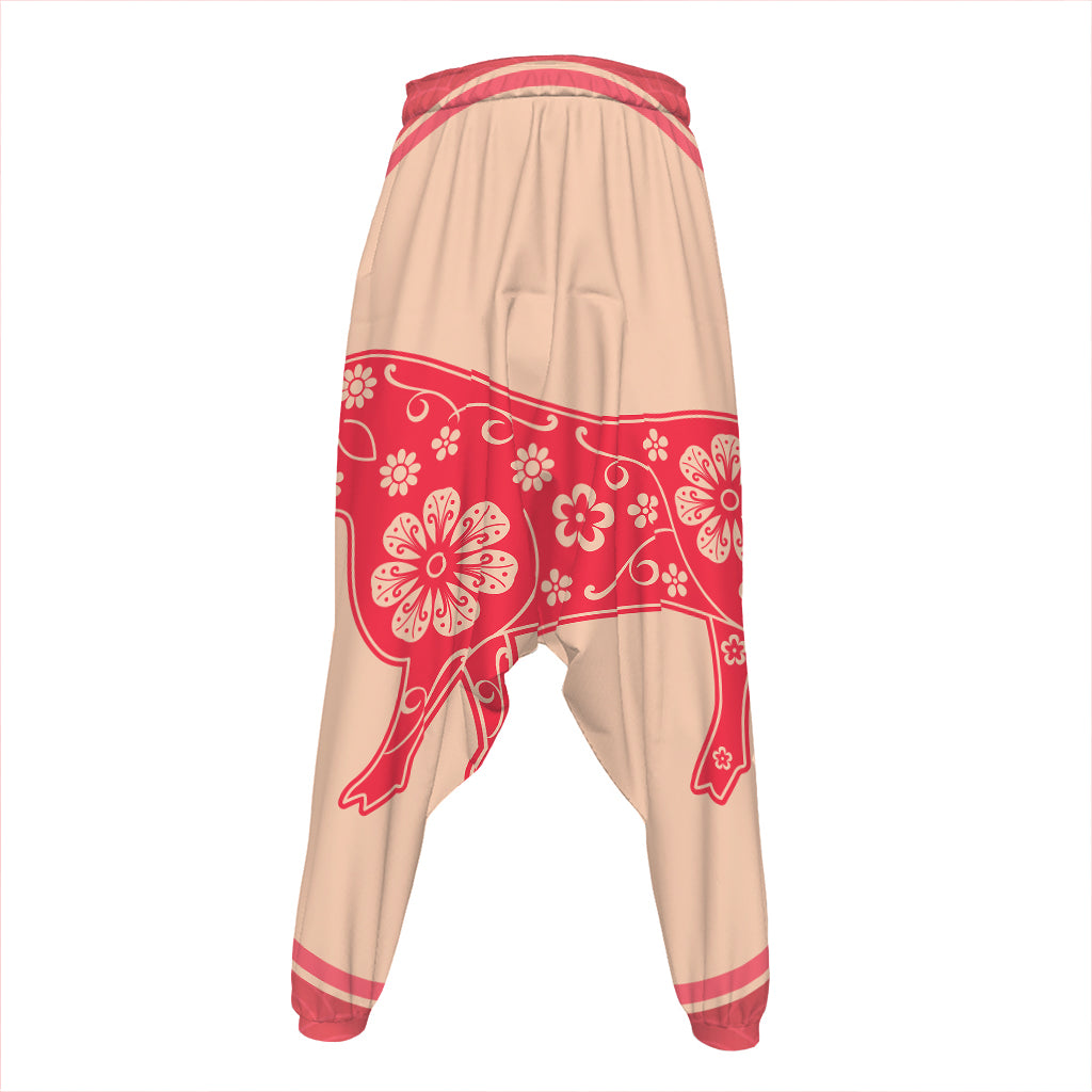 Chinese Flower Ox Zodiac Print Hammer Pants