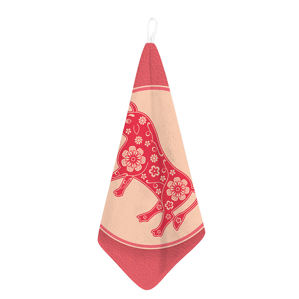 Chinese Flower Ox Zodiac Print Hand Towel