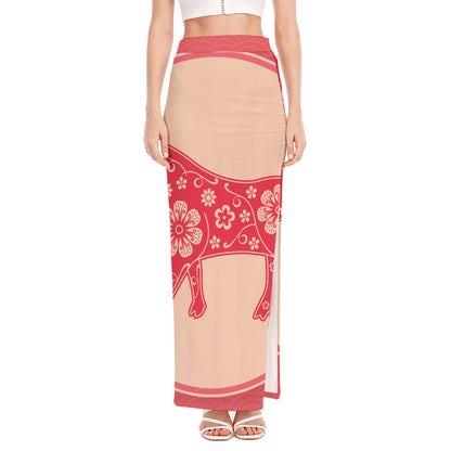 Chinese Flower Ox Zodiac Print High Slit Maxi Skirt