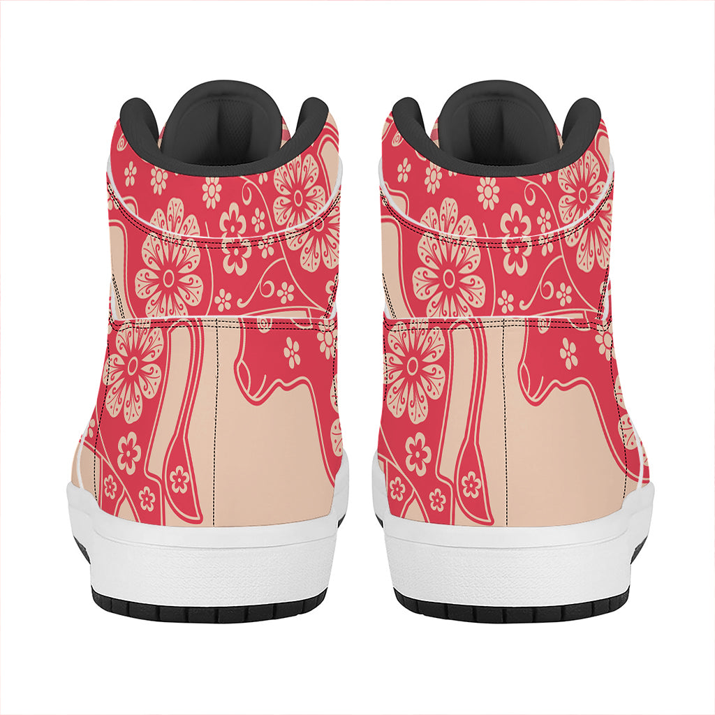 Chinese Flower Ox Zodiac Print High Top Leather Sneakers