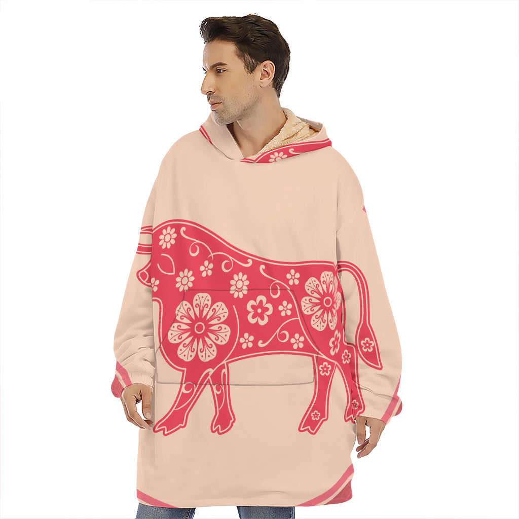 Chinese Flower Ox Zodiac Print Hoodie Blanket