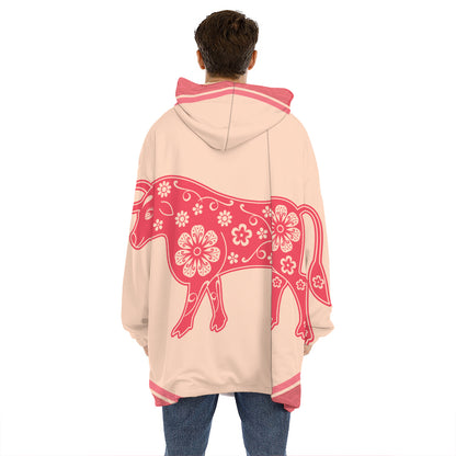 Chinese Flower Ox Zodiac Print Hoodie Blanket