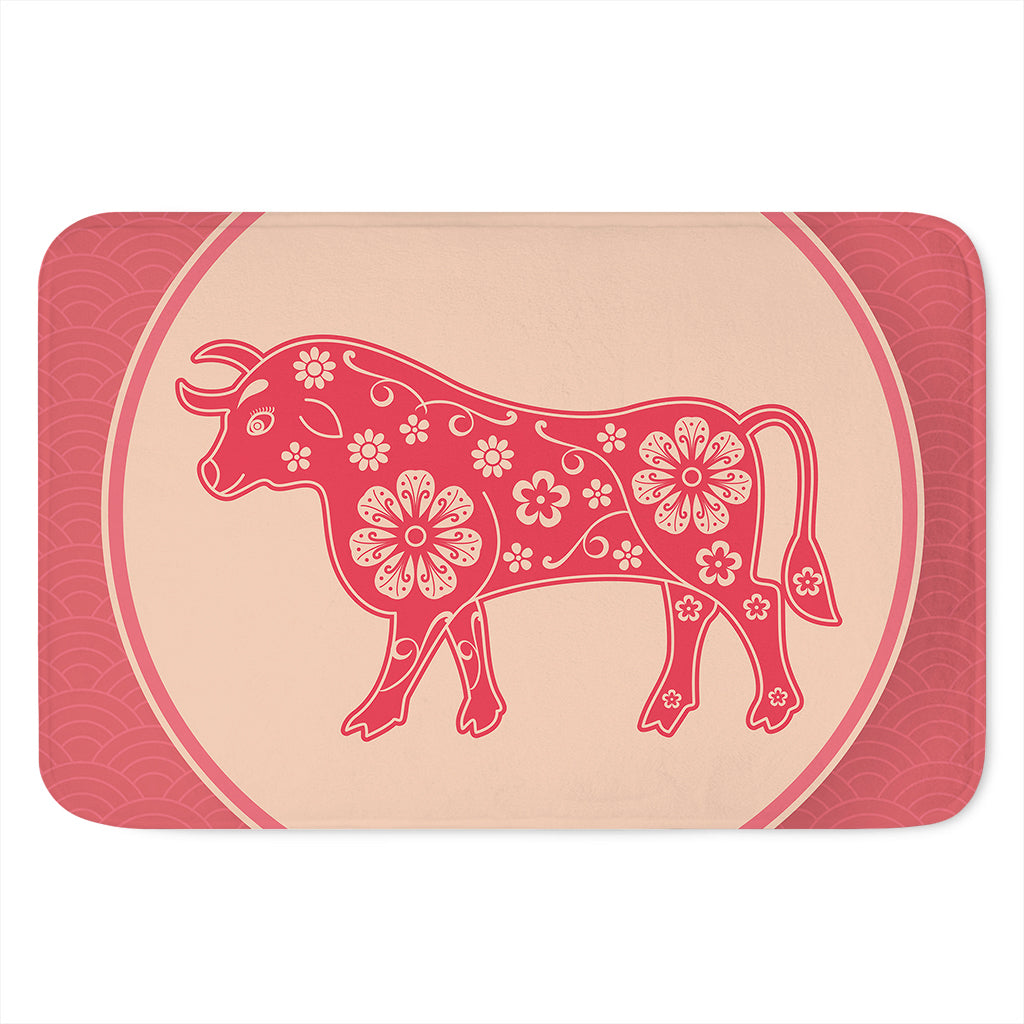 Chinese Flower Ox Zodiac Print Indoor Door Mat