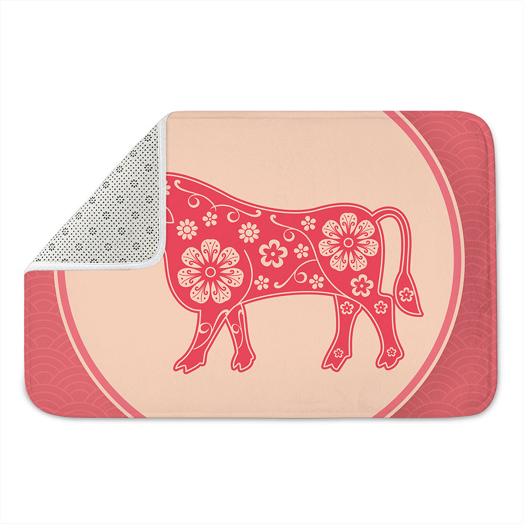 Chinese Flower Ox Zodiac Print Indoor Door Mat