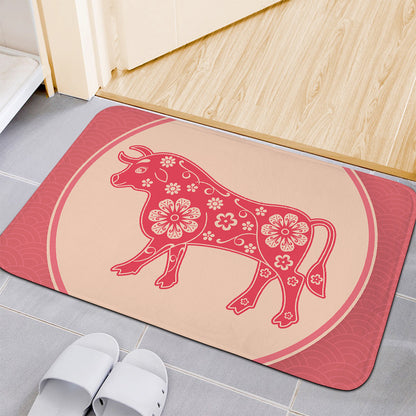 Chinese Flower Ox Zodiac Print Indoor Door Mat