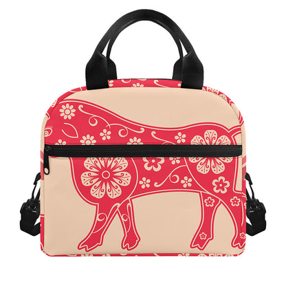Chinese Flower Ox Zodiac Print Insulated Lunch Bag