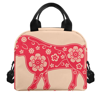 Chinese Flower Ox Zodiac Print Insulated Lunch Bag