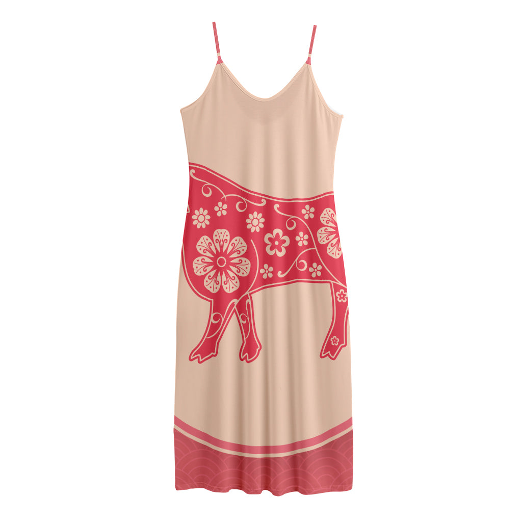 Chinese Flower Ox Zodiac Print Jersey Midi Cami Dress
