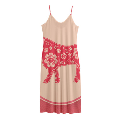 Chinese Flower Ox Zodiac Print Jersey Midi Cami Dress