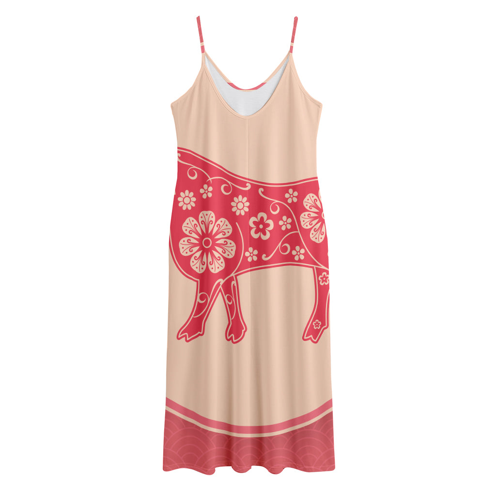 Chinese Flower Ox Zodiac Print Jersey Midi Cami Dress