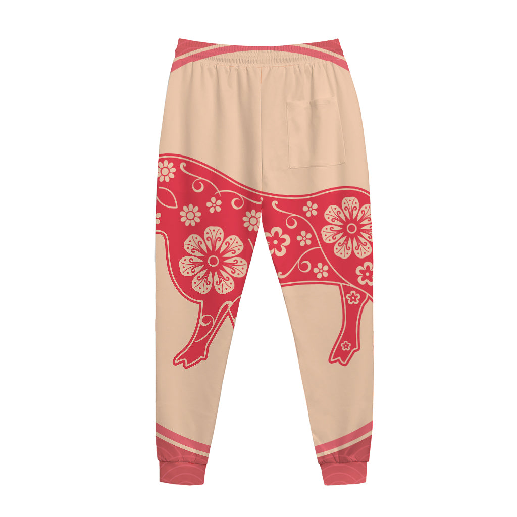 Chinese Flower Ox Zodiac Print Jogger Pants