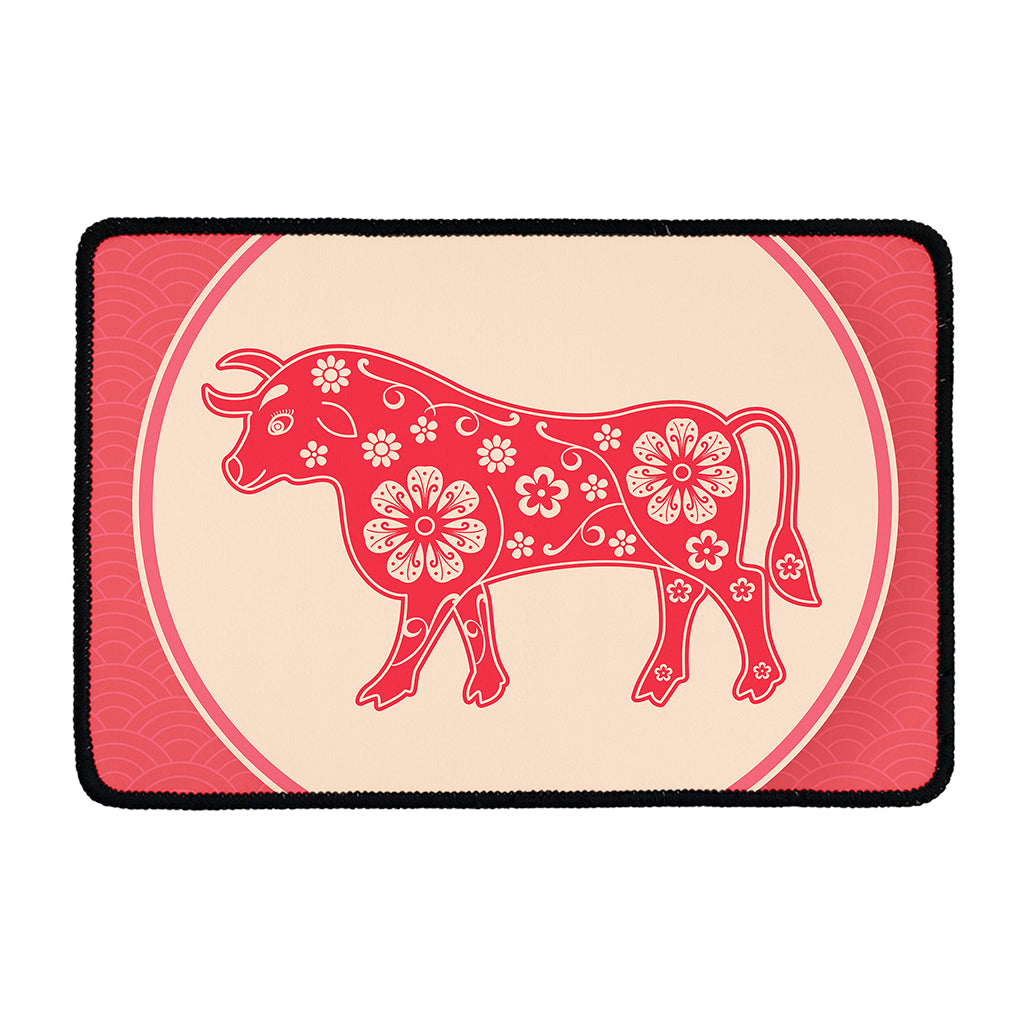 Chinese Flower Ox Zodiac Print Kitchen Mat