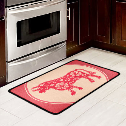 Chinese Flower Ox Zodiac Print Kitchen Mat
