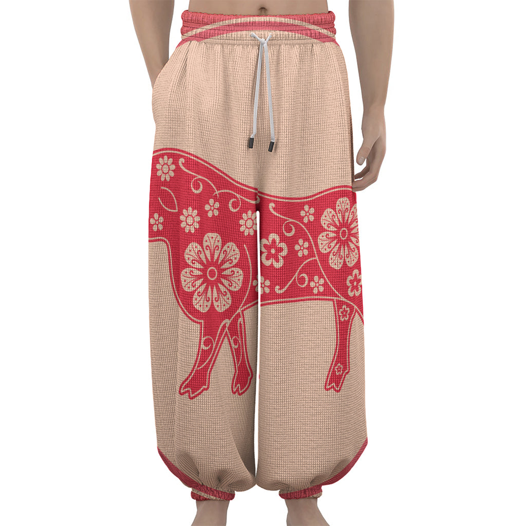 Chinese Flower Ox Zodiac Print Lantern Pants