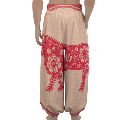 Chinese Flower Ox Zodiac Print Lantern Pants