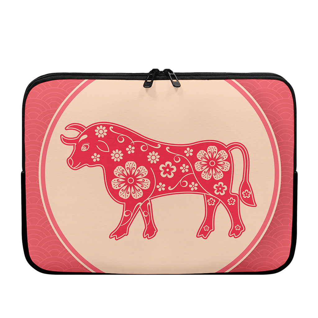 Chinese Flower Ox Zodiac Print Laptop Sleeve