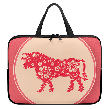 Chinese Flower Ox Zodiac Print Laptop Sleeve With Handle