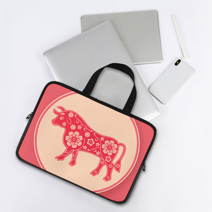 Chinese Flower Ox Zodiac Print Laptop Sleeve With Handle