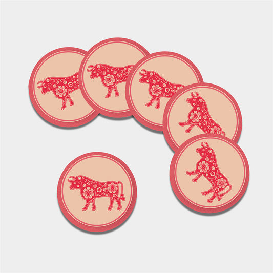 Chinese Flower Ox Zodiac Print Leather Coaster Set